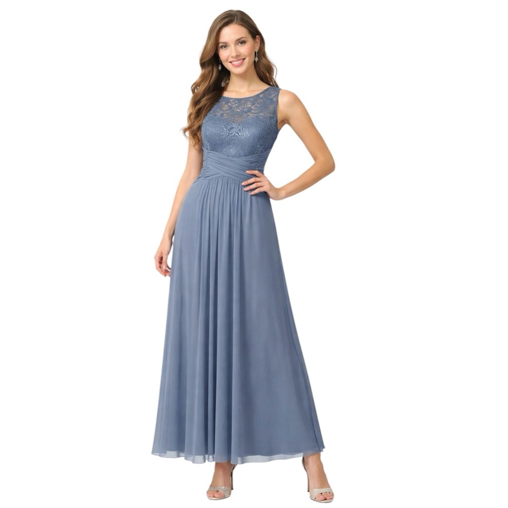 JH Evenings Sleeveless Women Dress Lace Bodice Long Dress Slate Blue V-neck Back